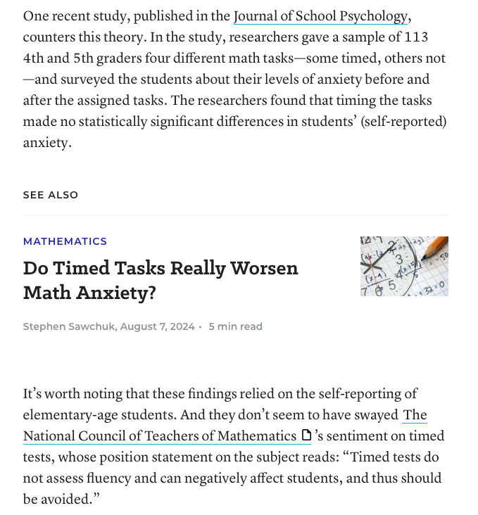 Here we go again—NCTM pushing false claims about math anxiety and timed tests. 
How to actually combat math anxiety? Teach math well. People feel anxious about things they struggle with. Build strong math skills to build confident math students. 
edweek.org/teaching-learn…