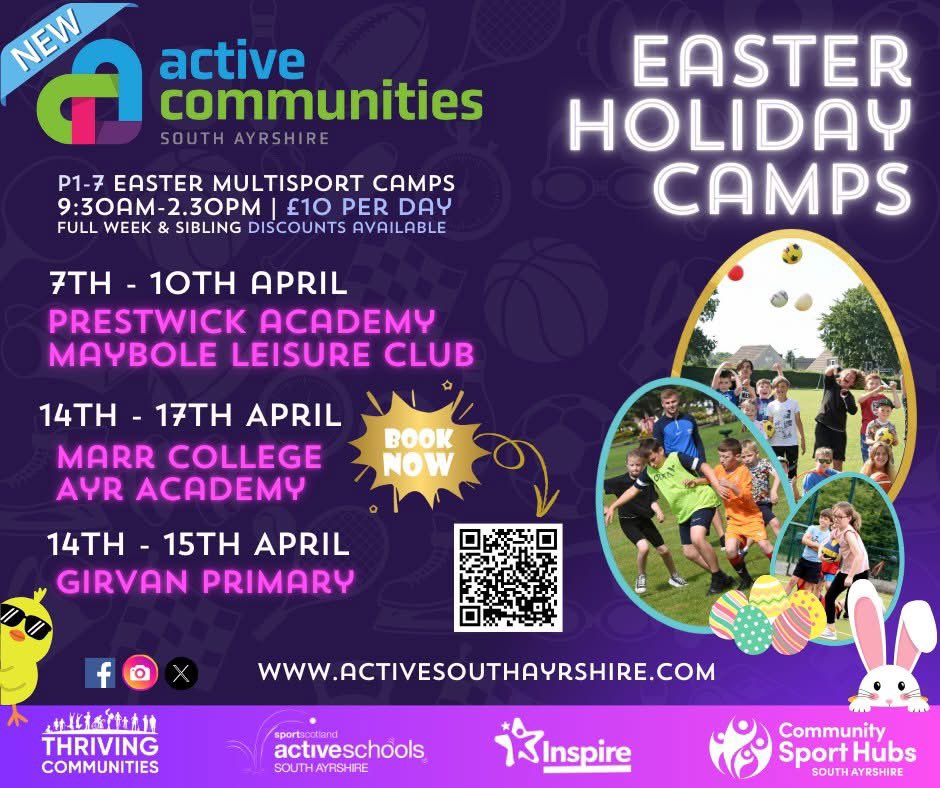 🐥P1-7 Easter Multi Sport Camps🐥

Bookings are now live!! Use the link below to access our booking system 👇

Our 2025 Easter camps remain at the same price as last year to support low cost access to sport over the holidays!

activesouthayrshire.co.uk/activecommunit…

#ActiveCommunities #Easter