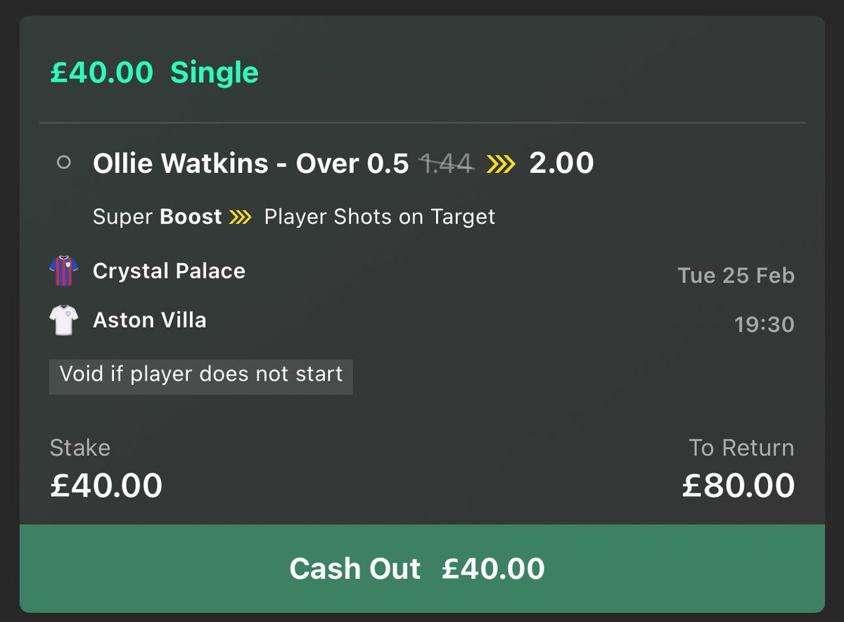 💰 £80 CASH GIVEAWAY!!!! 

If the Crystal Palace v Aston Villa super boost wins, I’ll giveaway….

£40 to someone who LIKES this ❤️
£40 to someone who RTs this 🔁
Must FOLLOW <a href="/LordFootyTips/">Lord’s Football Tips</a> ✅