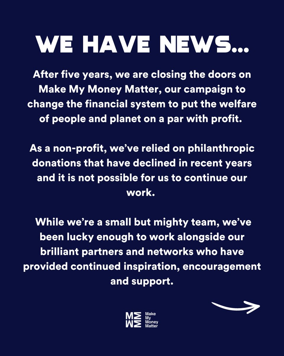 MMMoneyMatter's tweet image. Make My Money Matter will be closing on March 7.

Keep an eye out on here for some final posts on how to take action &amp;amp; who to follow to keep up with banks and pensions 🌍

Read the full statement from our co-founder Richard Curtis and CEO @Tony_Burdon: makemymoneymatter.co.uk/closed/