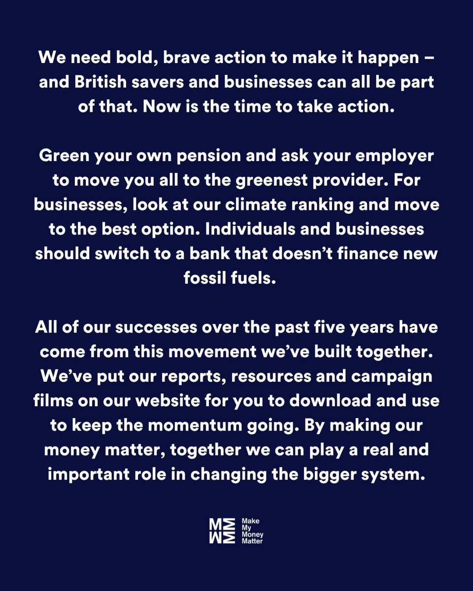 MMMoneyMatter's tweet image. Make My Money Matter will be closing on March 7.

Keep an eye out on here for some final posts on how to take action &amp;amp; who to follow to keep up with banks and pensions 🌍

Read the full statement from our co-founder Richard Curtis and CEO @Tony_Burdon: makemymoneymatter.co.uk/closed/