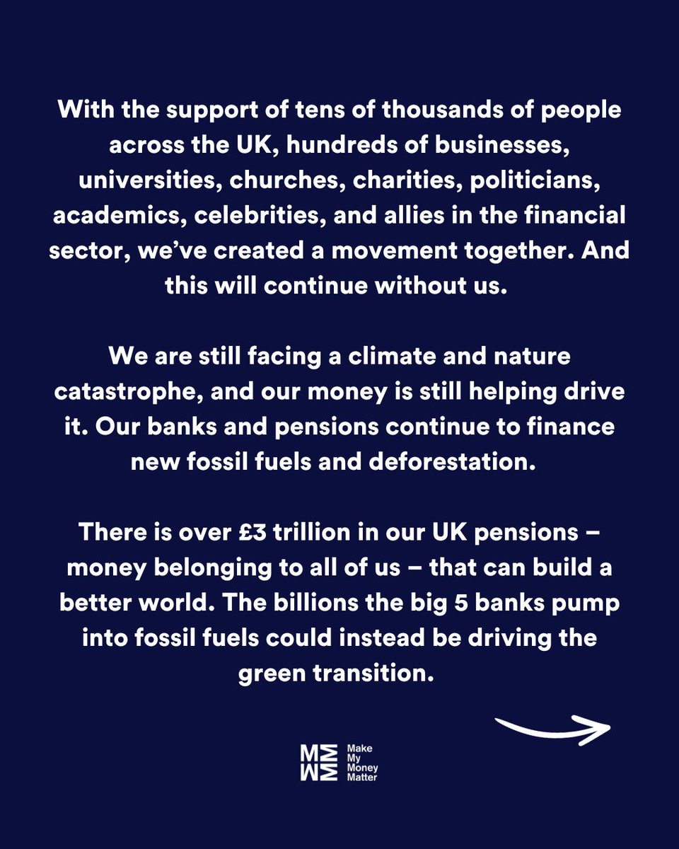 MMMoneyMatter's tweet image. Make My Money Matter will be closing on March 7.

Keep an eye out on here for some final posts on how to take action &amp;amp; who to follow to keep up with banks and pensions 🌍

Read the full statement from our co-founder Richard Curtis and CEO @Tony_Burdon: makemymoneymatter.co.uk/closed/