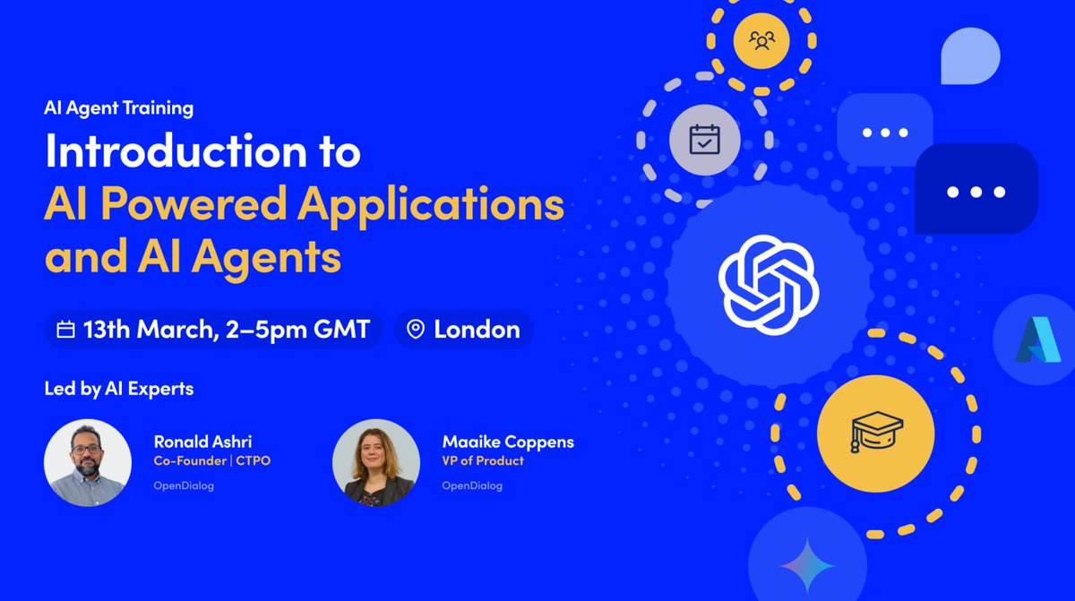 OpenDialogAI's tweet image. 🚀 Only 2 weeks until our SOLD OUT #AIAgent training day in London!
Here’s what’s in store:
🔍 Architecture behind OpenDialog
🤖 Build your first AI agent
⚙️ Understand security, scalability & future trends
Missed this one? Stay tuned for more events soon! 🌟