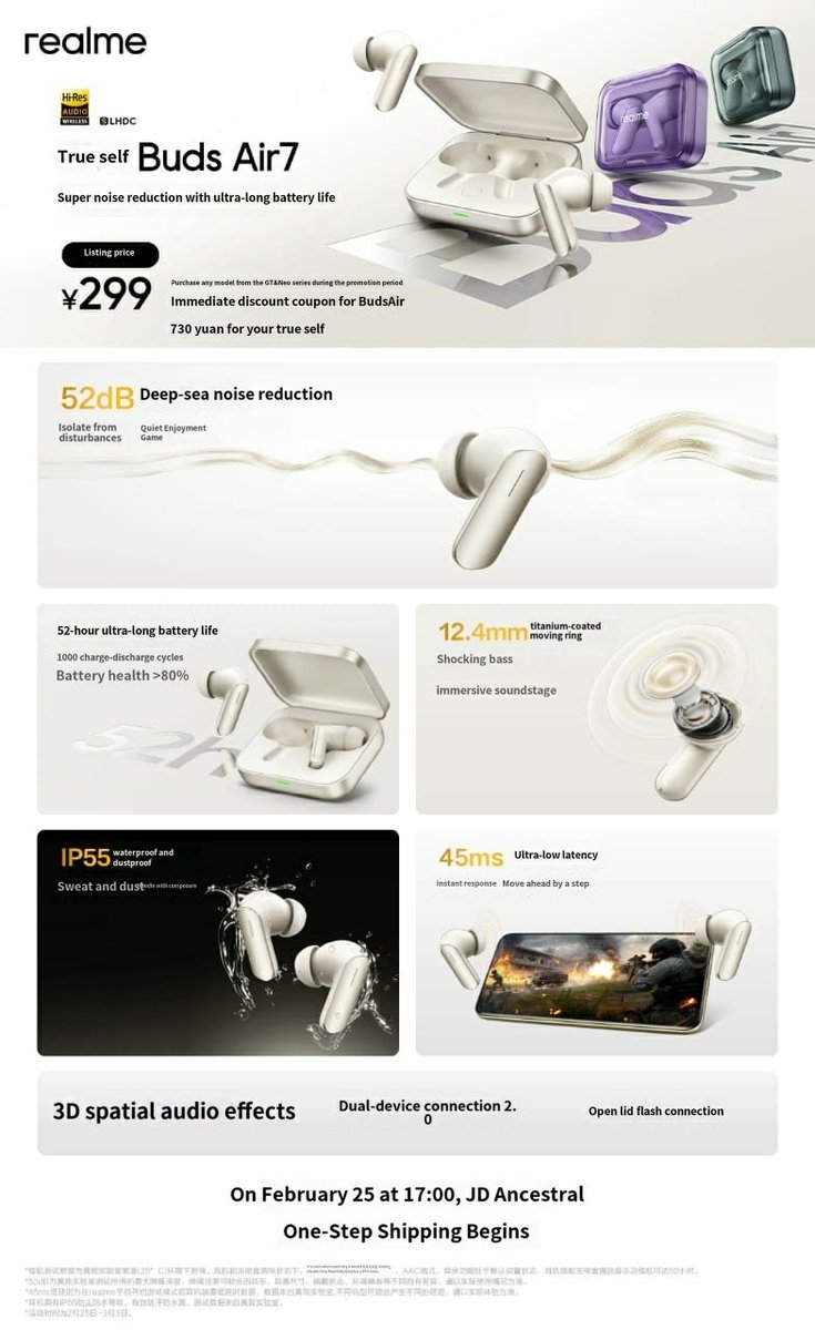 rajAnoop_'s tweet photo. #Realme Buds Air 7 🎧 launched in China🇨🇳
💰 ¥299 (₹3,599)
🔊 12.4mm dynamic drivers
🅱️ Bth version 5.4
📱Dual-device pairing 2.0
🔇 52dB ANC
🎮 45ms ultra-low latency
🎧 3D spatial audio
🎧 LHDC 5.0
🚿 IP55
🎨 🟣OrchidPurple 🟡DawnGold 🟢VerdantGreen
#realmeNeo7SE https://t.co/v47UBsFENG