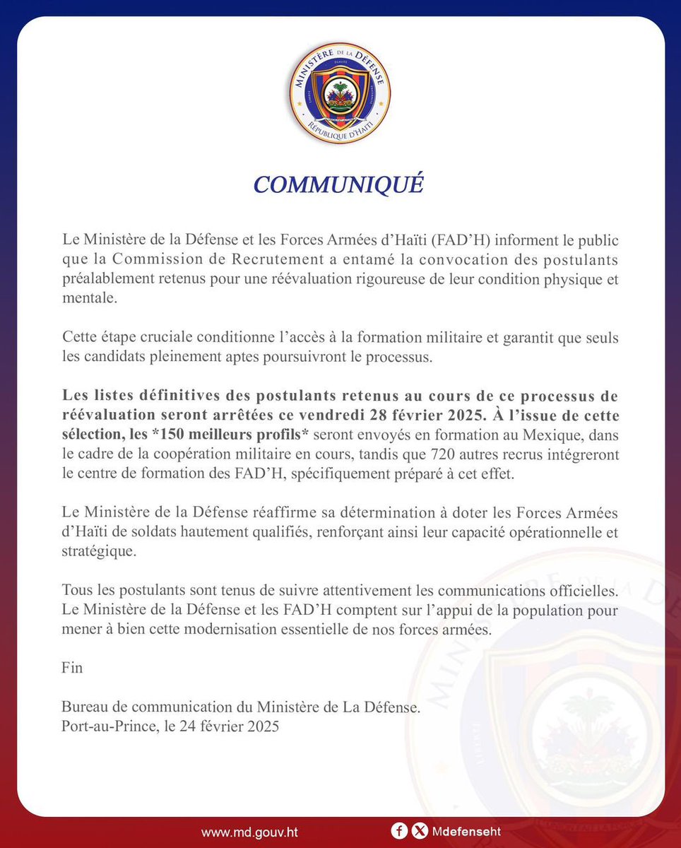 93_7_Motivation's tweet photo. Le Ministère de la Défense et les Forces Armées d’Haïti (FAD’H) informent le public que la Commission de Recrutement a entamé la convocation des postulants préalablement retenus pour une réévaluation rigoureuse de leur condition physique et mentale. https://t.co/j3R5S0Nvst