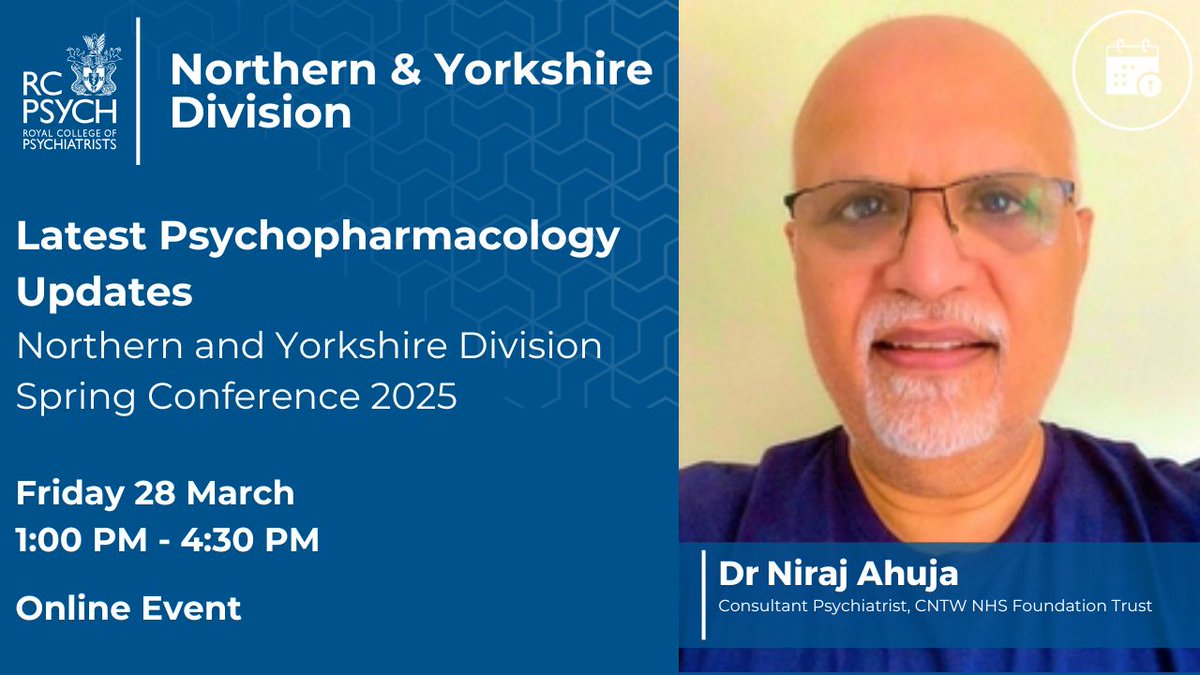 Don’t miss Dr. Niraj Ahuja’s <a href="/tardyons/">Niraj Ahuja</a> talk on newer antipsychotics at the Latest Psychopharmacology Updates - Northern and Yorkshire Division Spring Conference 2025.

 Register today: bit.ly/4gsSfNh  

<a href="/Nodiyals/">Sunil Nodiyal</a>
