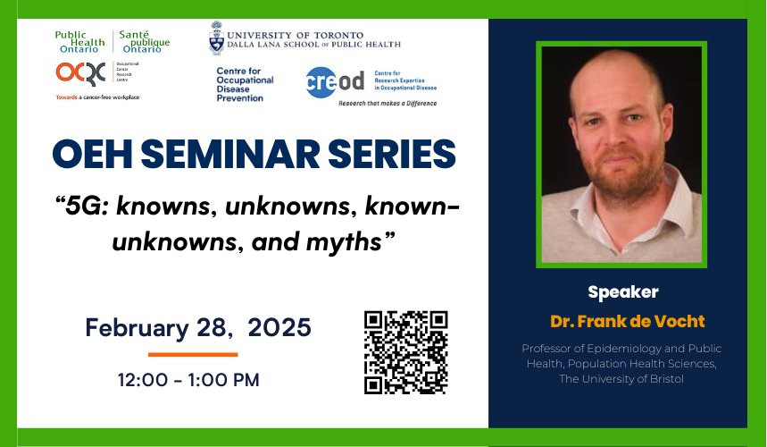 Join us this Friday, February 28 from 12-1PM for another OEH seminar! Dr. Frank de Vocht will present on "5G: knowns, unknowns, known-unknowns, and myths". 

Register now: phesc.zoom.us/meeting/regist…
