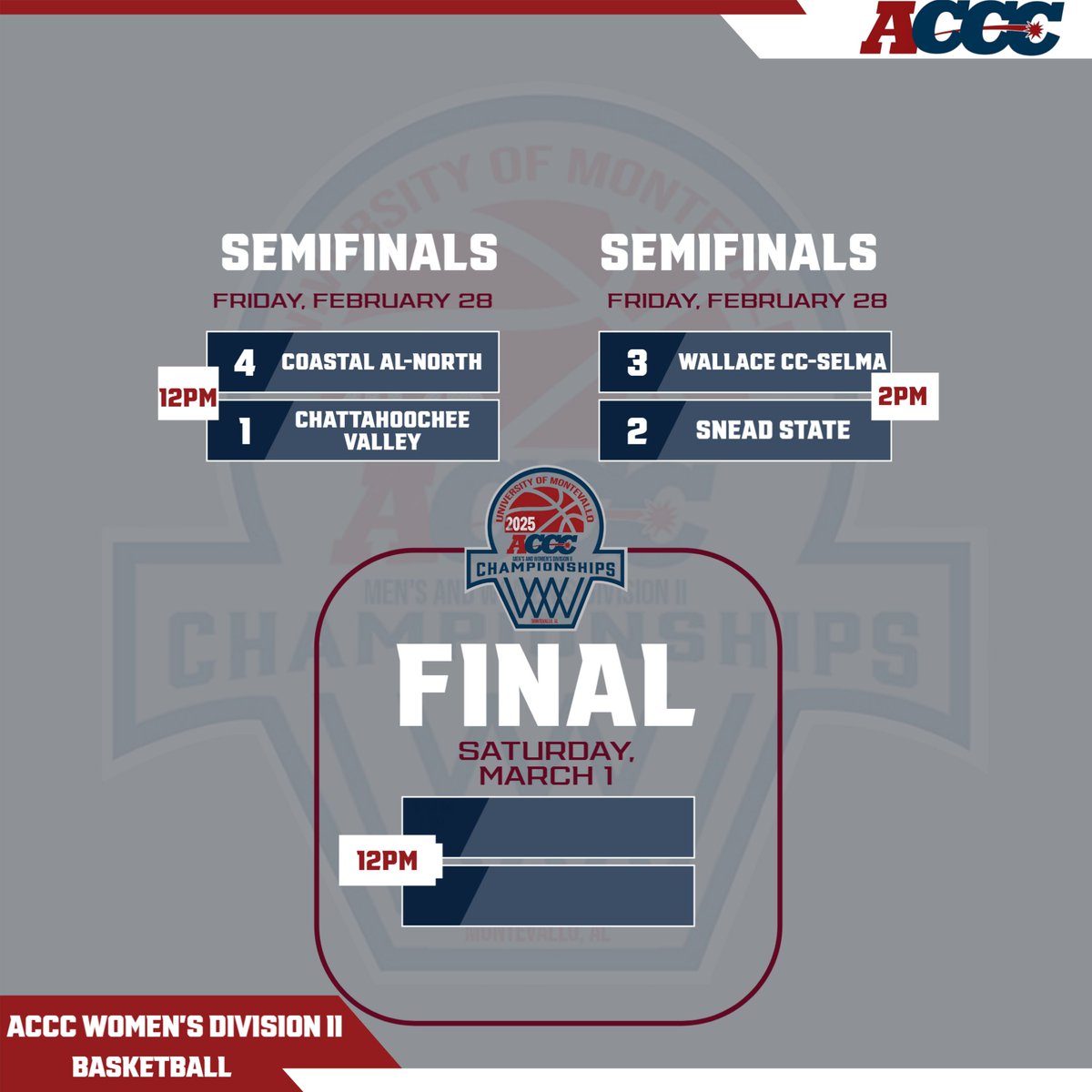 The <a href="/acccathletics/">ACCC</a> releases the Division II Men's and Women's Basketball Tournament pairings and information.

🔗acccathletics.com/general/2024-2…

📅February 27-March 1

📍University of Montevallo
Robert M. McChesney Student Activity Center
Central State Bank Arena
61 College Drive