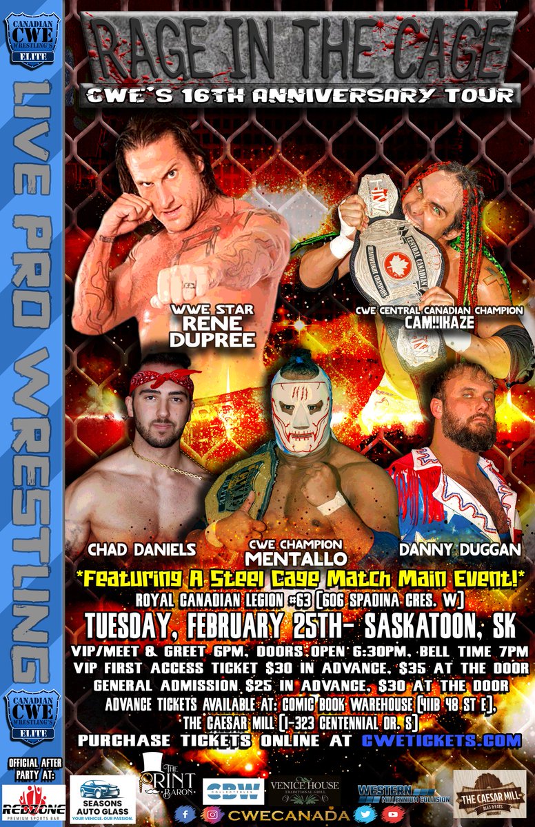 TONIGHT! <a href="/CWECanada/">CWE Canada</a> Saskatoon, Saskatchewan Ft A Steel Cage Match Main Event, WWE Star Rene Dupree, <a href="/HotshotDannyD/">Hotshot Danny Duggan</a> <a href="/lionwarriorab/">Bobby Sharp</a> <a href="/CrudeOilCodyMac/">Cody Mac</a> <a href="/shaunmartens/">Headline Shaun Martens</a> <a href="/ronnieattitude/">Ronnie Attitude</a> &amp; more!