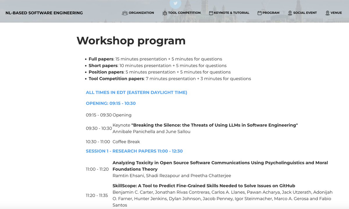 NLBSE-workshop (@nlbse_workshop) on Twitter photo The program of <a href="/NLBSE_workshop/">NLBSE-workshop</a> (co-located with <a href="/ICSEconf/">ICSE</a>) is online nlbse2025.github.io/program/
We (<a href="/MalihehIzadi/">Maliheh (Mali) Izadi</a> , @ Andrea Di Sorbo, and <a href="/spanichella/">Sebastiano Panichella</a>) are looking forward to meeting you for NLBSE 2025!
#icse #NLP #SoftwareEngineering The program of <a href="/NLBSE_workshop/">NLBSE-workshop</a> (co-located with <a href="/ICSEconf/">ICSE</a>) is online nlbse2025.github.io/program/
We (<a href="/MalihehIzadi/">Maliheh (Mali) Izadi</a> , @ Andrea Di Sorbo, and <a href="/spanichella/">Sebastiano Panichella</a>) are looking forward to meeting you for NLBSE 2025!
#icse #NLP #SoftwareEngineering