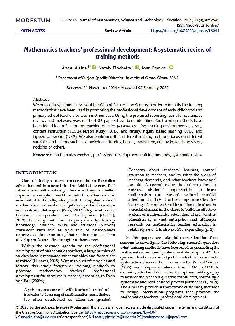 Para formadores de docentes de matemáticas: con <a href="/natpincheira/">Nataly Pincheira Hauck</a> y <a href="/joanfranco083/">Joan Franco Seguí</a> hemos identificado algunos de los métodos de formación más usados para promover el desarrollo profesional del profesorado de matemáticas.
ejmste.com/article/mathem…
