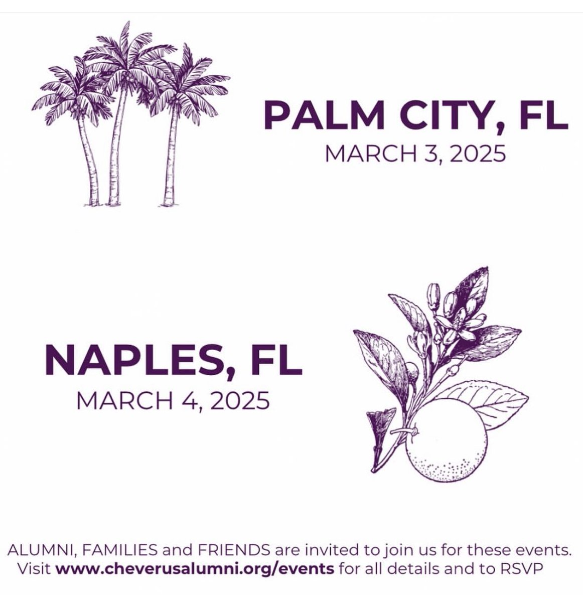 Attention Cheverus Alumni in Florida 🏖🍊(East Coast and West): Cheverus will be in Palm City on Monday, March 3, and in Naples on Tuesday, March 4. We'd love to see you! RSVP here: cheverusalumni.org/events