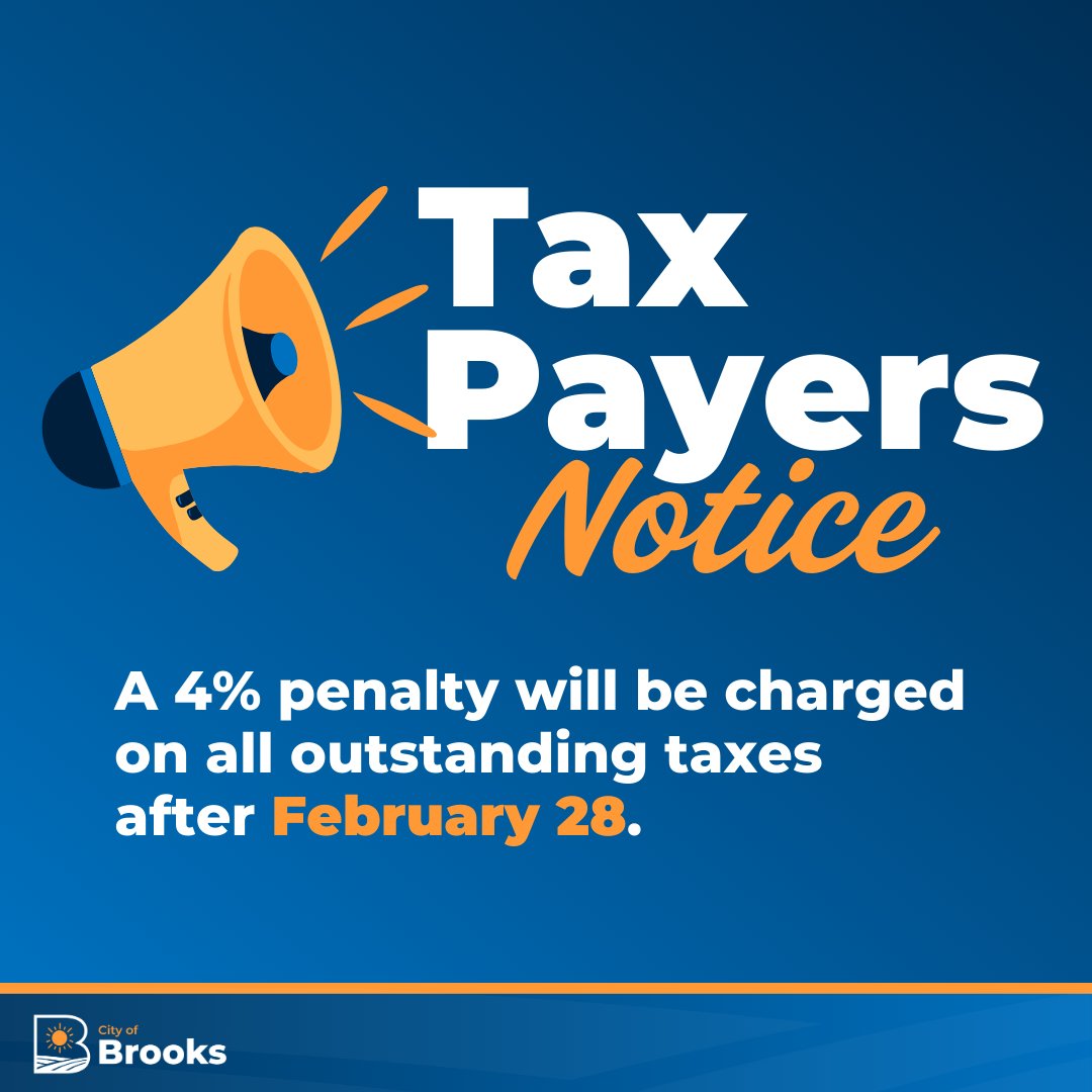 The City of Brooks reminds you that a 4% penalty will be applied to all outstanding property taxes after February 28, 2025.

Full details: brooks.ca/CivicAlerts.as…