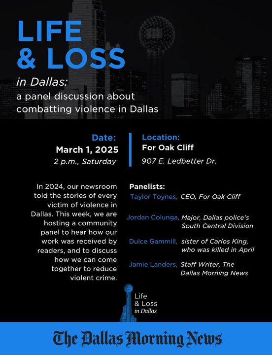 The <a href="/dallasnews/">Dallas Morning News</a> is hosting a panel discussion about our Life &amp; Loss project Saturday, which told the stories of every homicide victim in Dallas last year. All are welcome to attend!

RSVP for the event: bit.ly/4hi191s
Read more about the project: shorturl.at/a73Y1