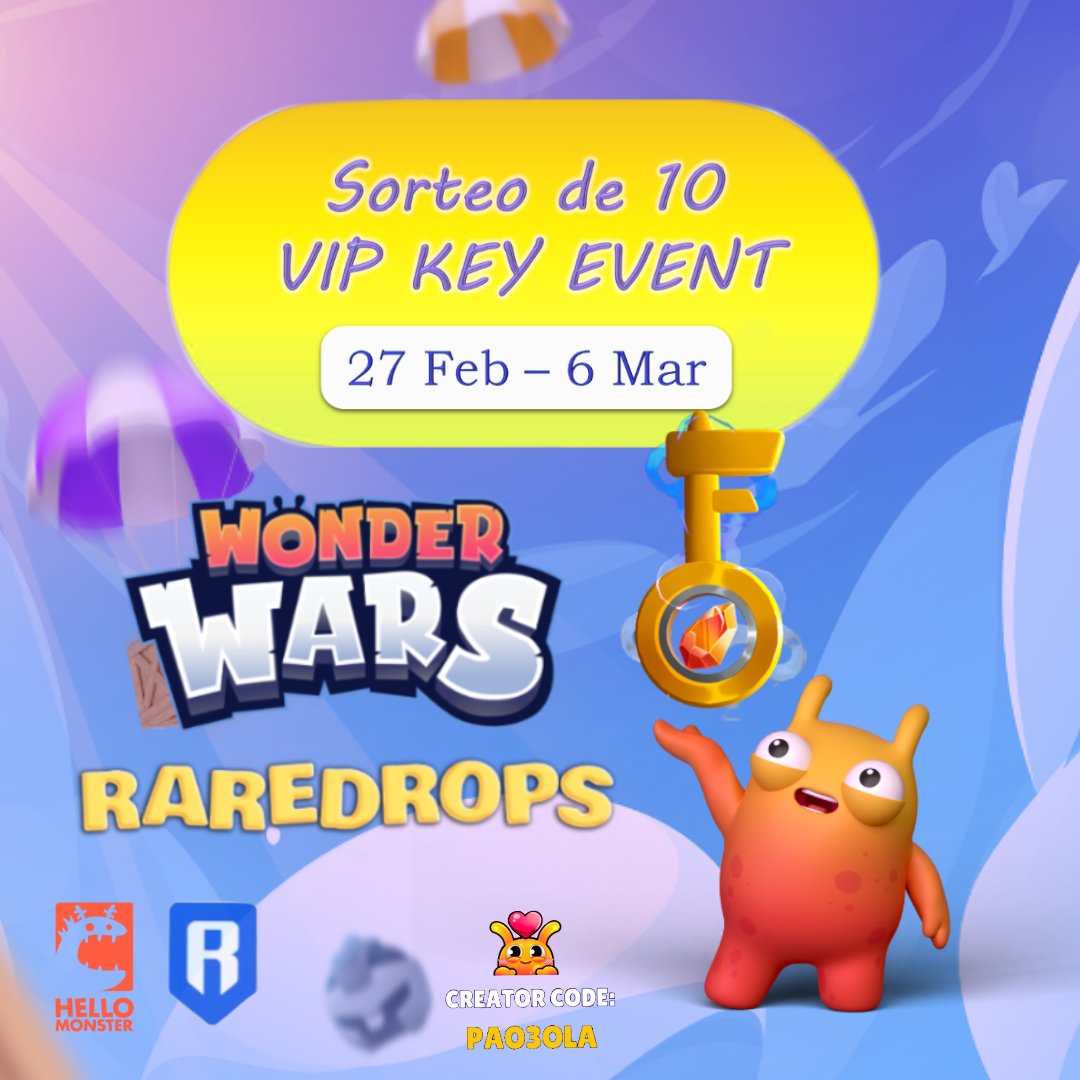 ✨ SORTEO DE 10 LLAVES ✨
Llegó el día. 
Por fin sorteo algo 🎉
El jueves comienza el evento de @Wonderwarsgame y podemos sortear 10 llaves VIP que servirán de multiplicador en el evento.

Para participar:
⬇️⬇️⬇️