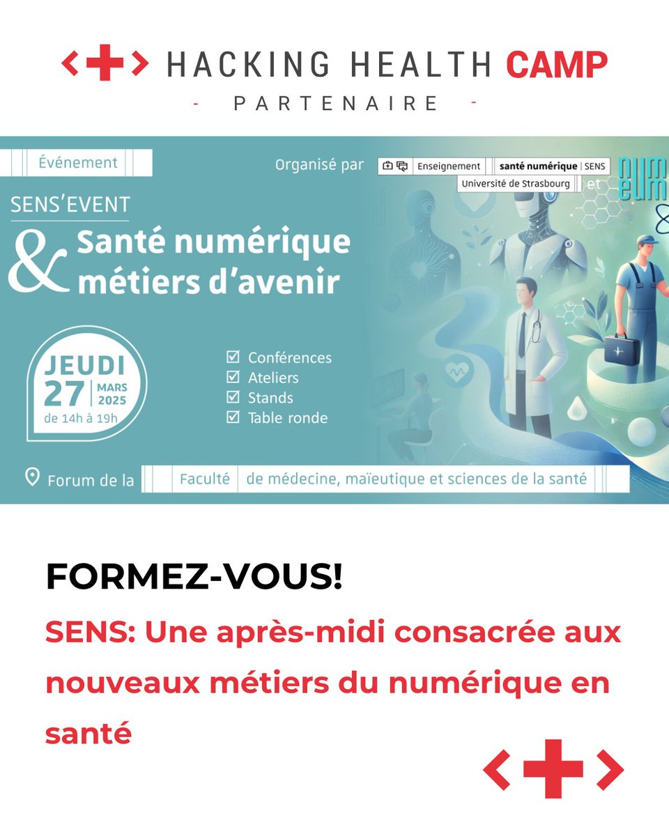 🧠 Innovation en santé: formez-vous!
SENS: Une après-midi gratuite et ouverte à tous pour explorer les métiers d'avenir de la santé numérique le 27 mars
✅ Conférences ✅ Ateliers ✅ Tables rondes ✅ Stands

👉 bit.ly/HHCSens

#Innovation #hackathon #startup #HHCAMP