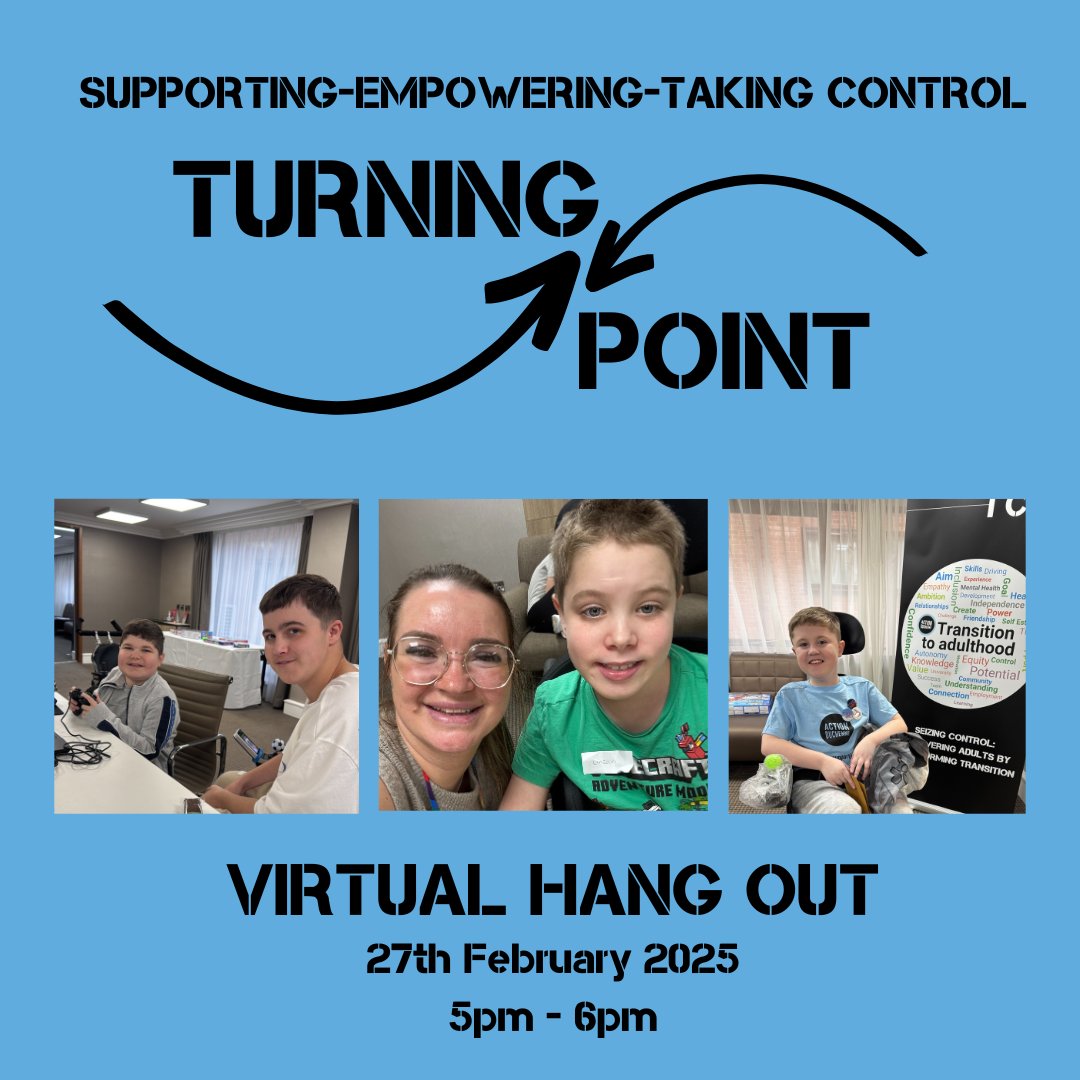 Are you aged 8 - 14 and living with Duchenne? Join us on Thursday 27th February at 5pm for our Turning Point Online Hangout. Make friends, have some fun and feel understood. 

bit.ly/TPHangOut2025
#TurningPoint #friendship #support #confidence