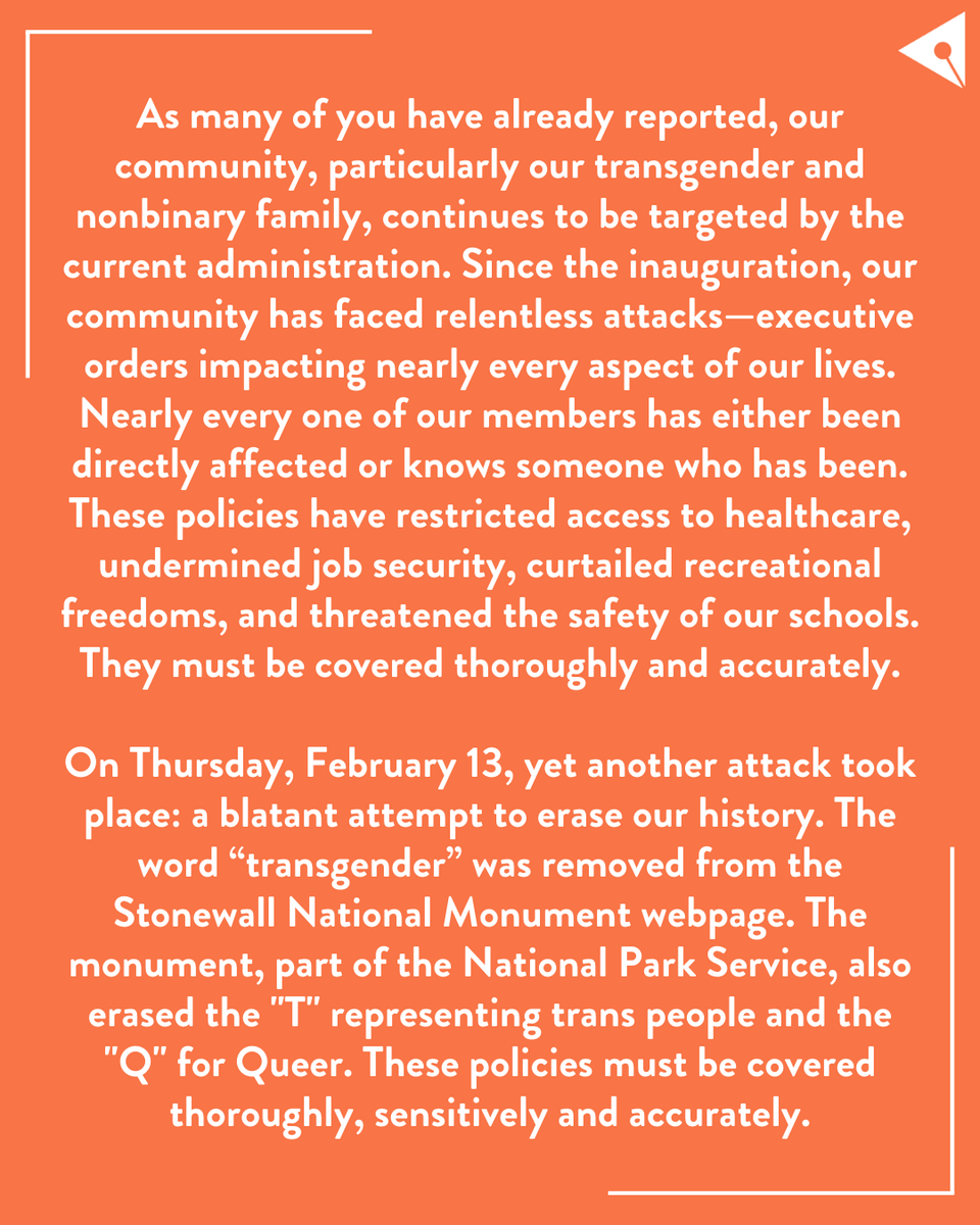 This past Thursday, our National Board President Ken Miguel addressed ongoing attacks on our community, including the erasure of "transgender" from the Stonewall National Monument webpage. As journalists, we must stand for fair and accurate coverage.

 Full message @ link in bio.