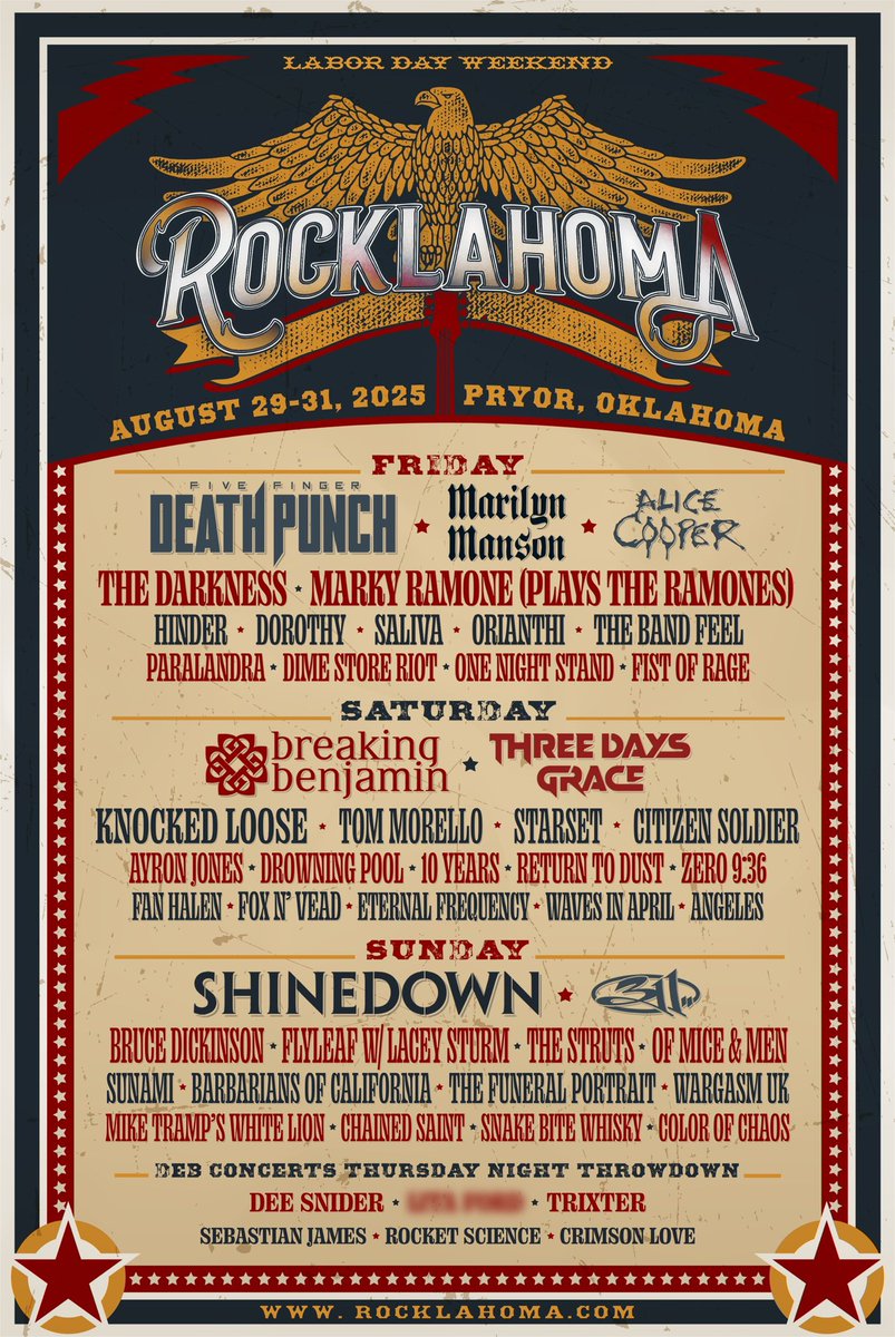 Marilyn Manson (@marilynmanson) on Twitter photo Marilyn Manson will be performing at <a href="/Rocklahoma/">Rocklahoma</a> on August 29th!
August 29-31, 2025 - Labor Day Weekend
Rockin' Red Dirt Ranch | Pryor, Oklahoma
Tickets on sale this Friday:
rocklahoma.com Marilyn Manson will be performing at <a href="/Rocklahoma/">Rocklahoma</a> on August 29th!
August 29-31, 2025 - Labor Day Weekend
Rockin' Red Dirt Ranch | Pryor, Oklahoma
Tickets on sale this Friday:
rocklahoma.com