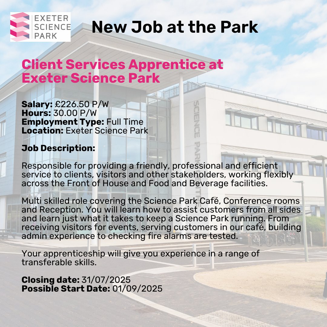 📢 We're Hiring! 

Exciting opportunity to join Exeter Science Park as a Client Services Apprentice! Gain hands-on experience in a dynamic environment while working towards a qualification.

➡️ Apply now: exeapprentices.co.uk/Search/Job?id=…