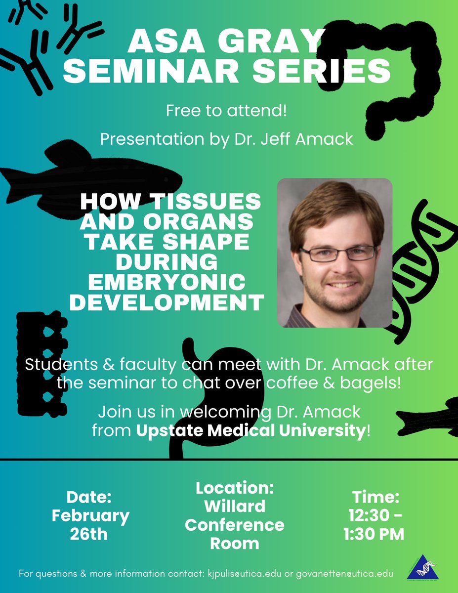 Seminar reminder! 🧬 

Tomorrow at 12:30, Dr. Amack will be presenting the research his lab conducts with zebrafish embryos. Afterwards, he will be speaking with students interested in the Upstate Medical graduate school program. 

Hope to see you there! 🥼