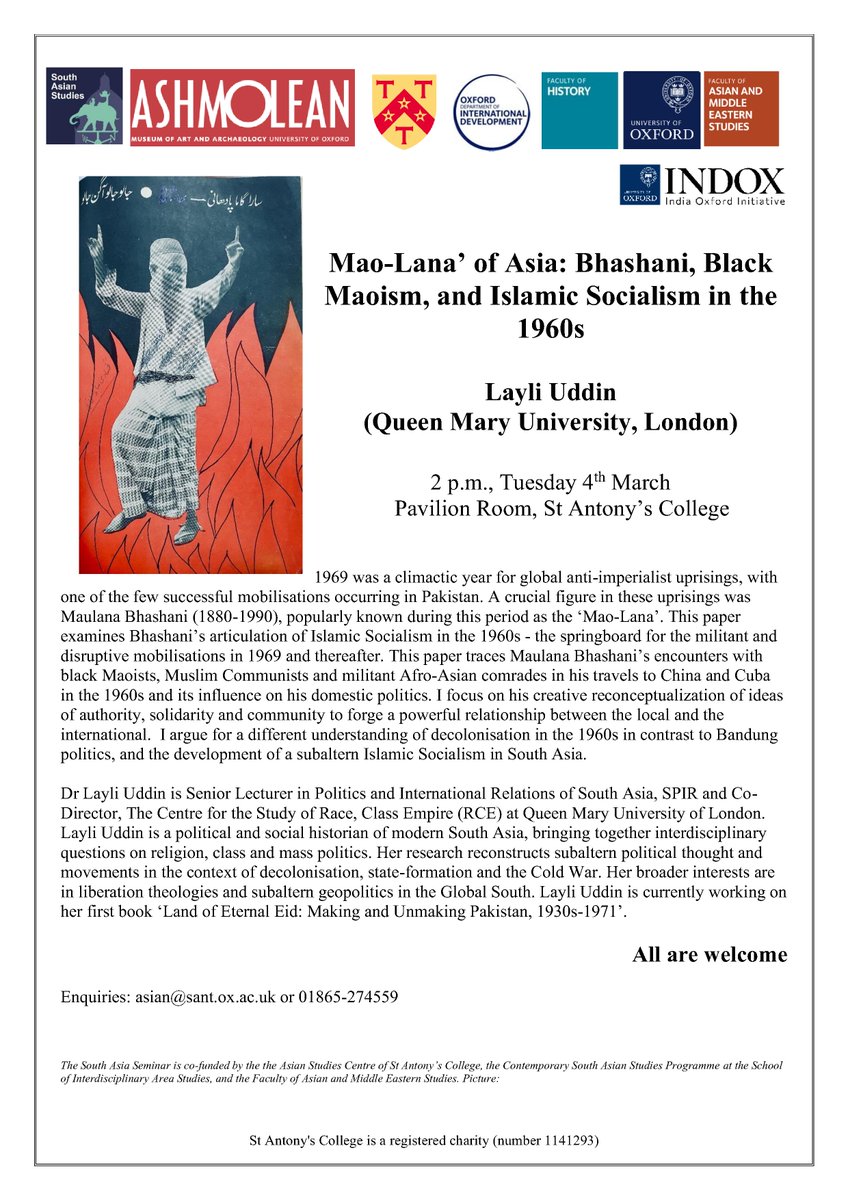 Asian Studies Centre (@asianstudies_ox) on Twitter photo Tuesday 4 March, 2pm <a href="/StAntsCollege/">St Antony's College, University of Oxford</a> the MSAS Seminar <a href="/CSASPOxford/">CSASP Oxford Uni</a>
<a href="/kudos4nemo/">Layli Uddin</a> presents 'Mao-Lanaā of Asia: Bhashani, Black Maoism, and Islamic Socialism in the 1960s'
All Welcome Tuesday 4 March, 2pm <a href="/StAntsCollege/">St Antony's College, University of Oxford</a> the MSAS Seminar <a href="/CSASPOxford/">CSASP Oxford Uni</a>
<a href="/kudos4nemo/">Layli Uddin</a> presents 'Mao-Lanaā of Asia: Bhashani, Black Maoism, and Islamic Socialism in the 1960s'
All Welcome