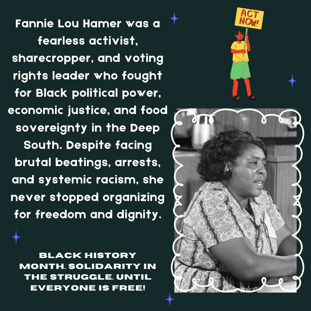 Fannie Lou Hamer was a fearless advocate for voting rights, economic justice, and food sovereignty. Despite enduring violence and systemic racism, she never stopped organizing for Black political power and dignity.