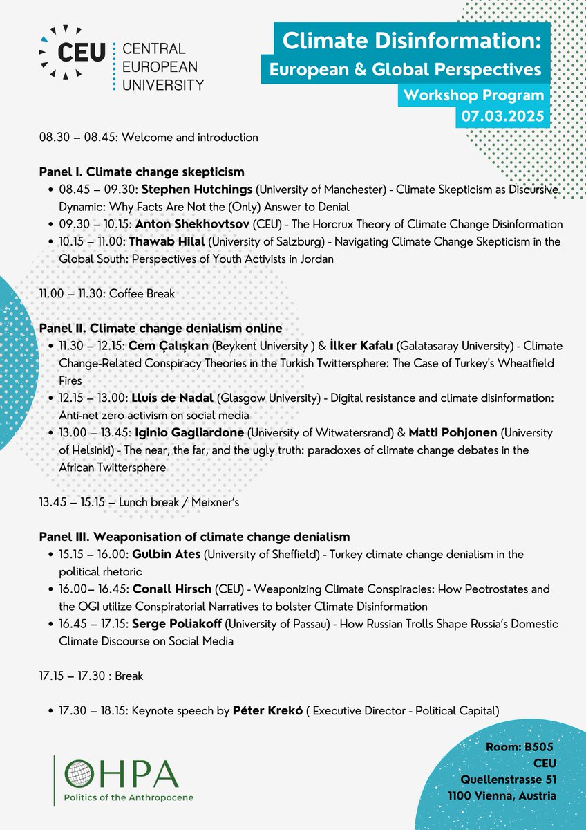 Announcing our next Workshop!

"Climate Disinformation: European &amp; Global Perspectives" keynoted by Dr. <a href="/peterkreko/">Peter Kreko</a> 

📍7.3.2025, 8:30-18:00 CET 
📍@CEU Vienna Room B-505, additionally hybrid-online  

Pre-Registration required:
events.ceu.edu/2025-03-07/ohp….