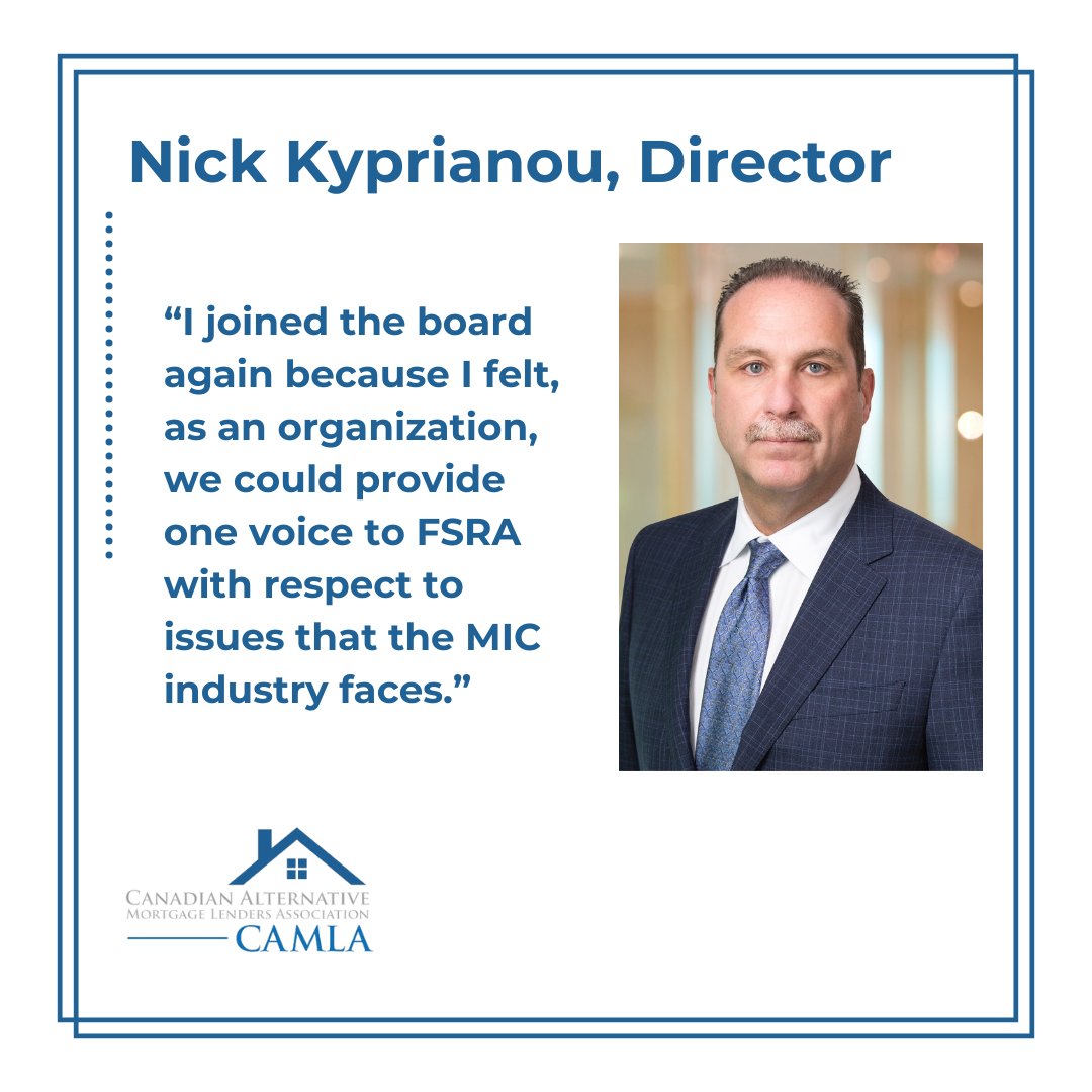 Please join us in welcoming Nick Kyprianou, President &amp; CEO, RiverRock MIC, as he returns to the CAMLA Board of Directors for a second three-year term!

#association #boardofdirectors #realestate #mortgage #MIC #privatelending #alternativelending #mortgagebrokers #CAMLA