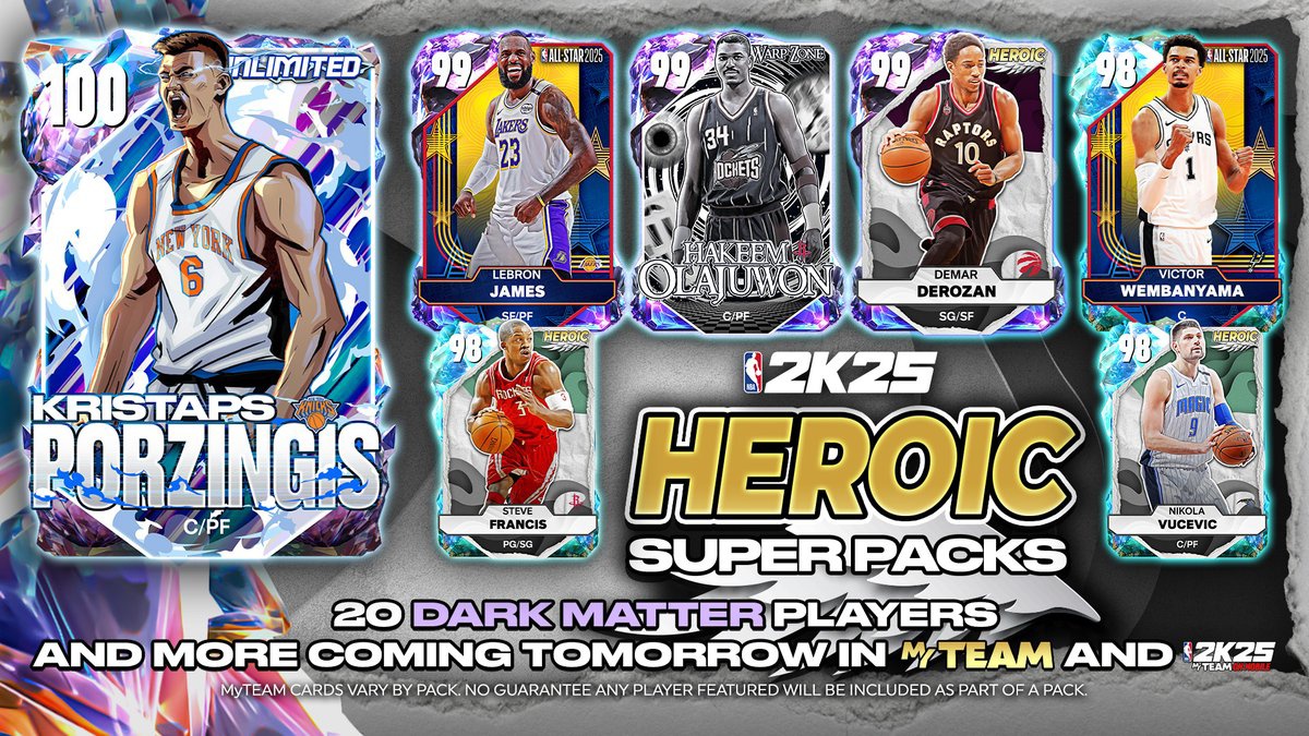 nba2k26_code's tweet image. The world needs a hero, and so does your MyTEAM squad - Heroic Super Packs are out now in MyTEAM 🦸‍♂️!

Repost and tap nbalockercodes.website/heroicsuperpac… for guaranteed 100 OVR card Kristaps Porzingis and Dark Matter Lebron James.

Limited-time only.  48 hours