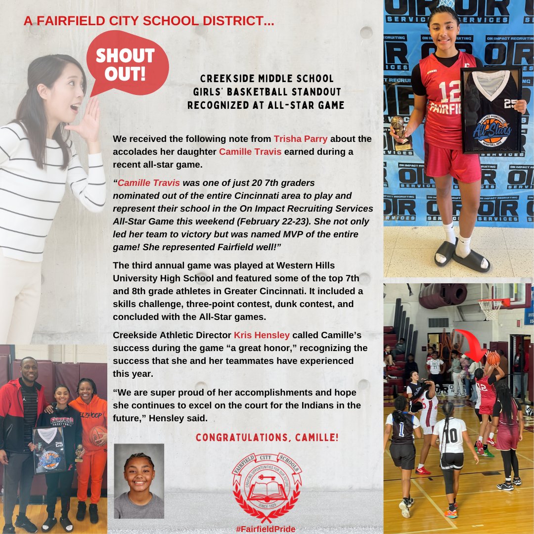 It's time for a Fairfield City Schools SHOUT OUT! Congratulations to Camille Travis, a 7th grader at Creekside for showcasing her hoop skills at a recent all-star game!🏀🗑️