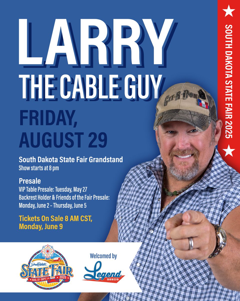 SD State Fairgrounds (@sdstatefair) on Twitter photo We’re pumped to announce that
<a href="/LegendSeeds/">Legend Seeds, Inc.</a> will be welcoming An Evening With
<a href="/GitRDoneLarry/">Larry The Cable Guy</a> to the State Fair grandstand on Friday, August 29.
Mark your calendars and get ready to Git-R-Done!
More info at sdstatefair.com We’re pumped to announce that
<a href="/LegendSeeds/">Legend Seeds, Inc.</a> will be welcoming An Evening With
<a href="/GitRDoneLarry/">Larry The Cable Guy</a> to the State Fair grandstand on Friday, August 29.
Mark your calendars and get ready to Git-R-Done!
More info at sdstatefair.com