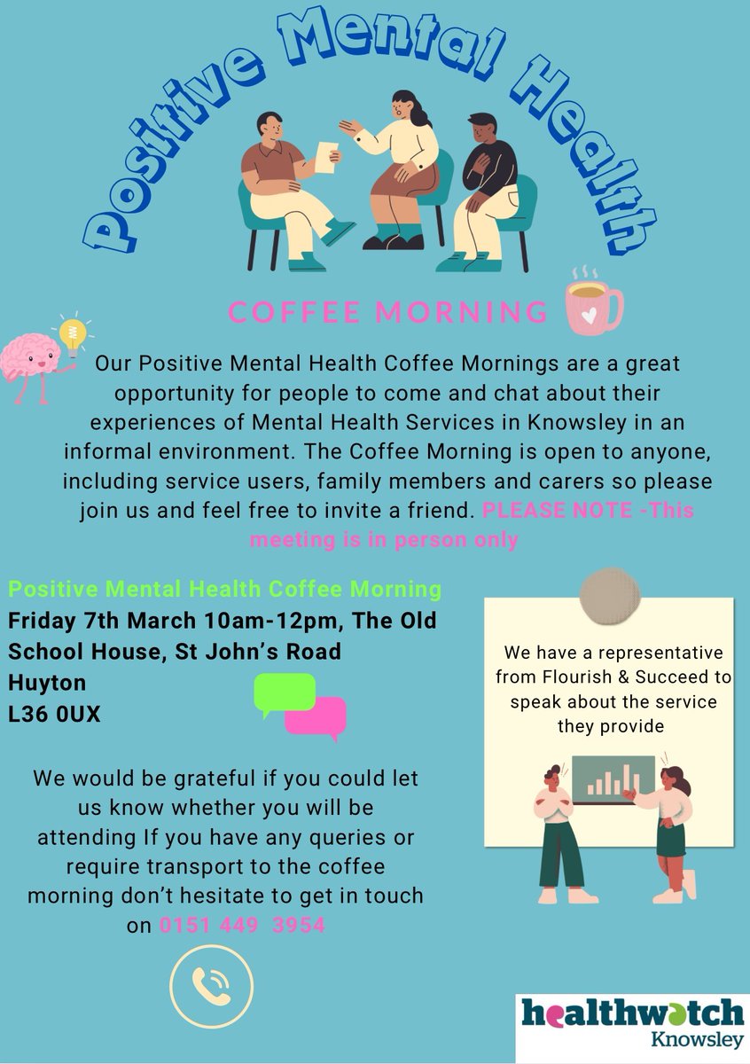 Our next Positive Mental Health Coffee Morning is taking place on Friday 7th March, 10am at The Old Schoolhouse
