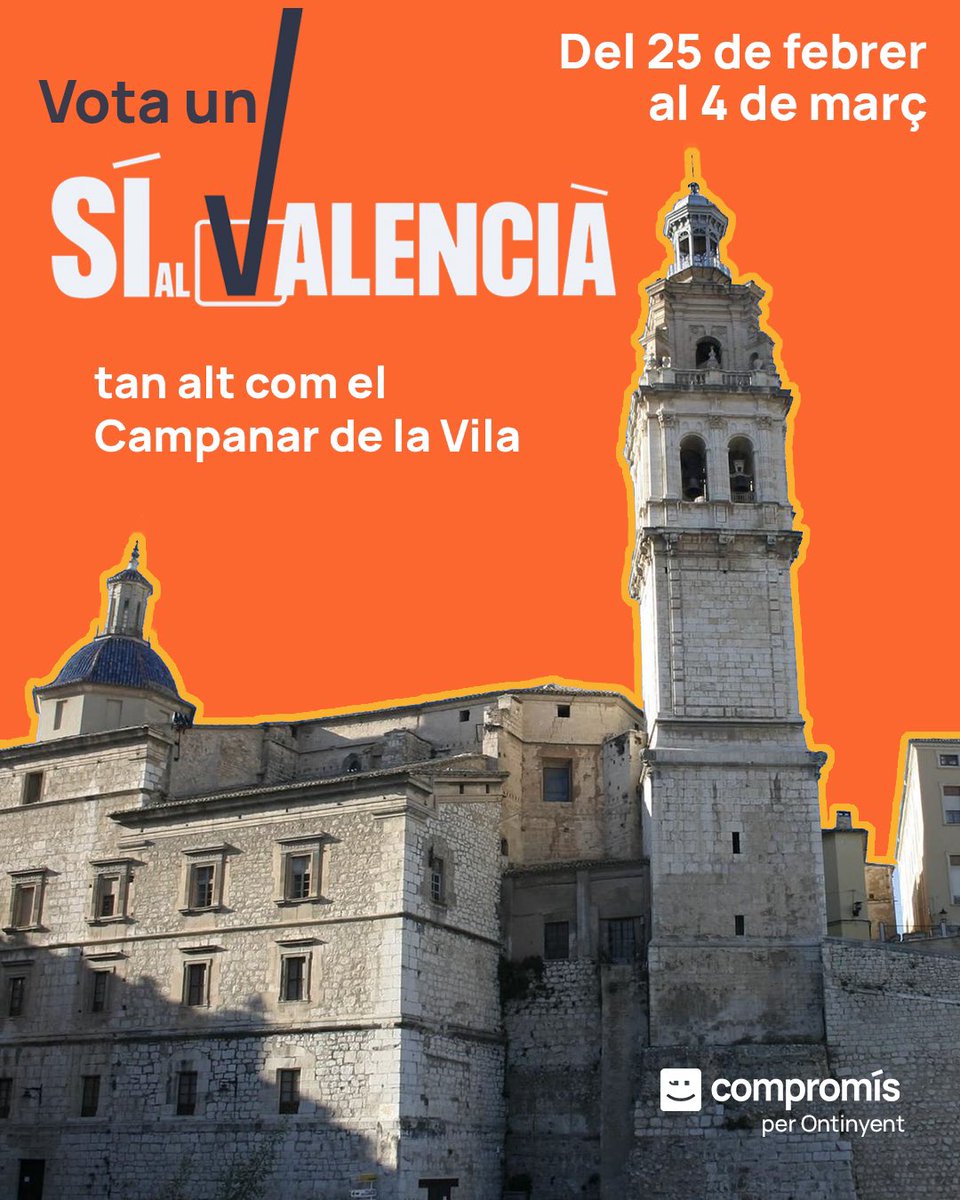 CompromisONTI's tweet photo. 📆A partir de hui i fins el 4 de març es realitza la consulta per triar la llengua base en l'educació.

➡️ Nosaltres ho diem ben alt i clar, vota ✅ SÍ al valencià. Un sí tan alt com el campanar de la Vila i tan clar com l'aigua del Pou Clar. https://t.co/XNgyU6fK6M