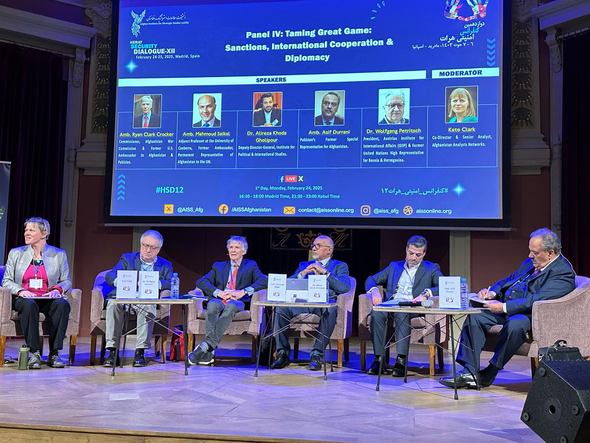 MahmoudSaikal's tweet photo. Honoured to participate in the panel discussion of #HSD12 in Madrid, with distinguished panellists from I.R. of Iran, Pakistan, Europe and the US.
The topic was “Taming Great Game: Sanctions, International Cooperation & Diplomacy”
My key points were:
Since 1970s, a series of geopolitical games, with gradually increased complexities, have been played in & around Afghanistan with catastrophic impact on our people and others.
Even games played as far afield as Ukraine, Gaza and Indo-Pacific have created space for terror to breath in Afghanistan.
Multiplicity of the games and their players and proxies, makes the peace of Afghanistan more difficult.
What a good number of them have in common is the blind use of realpolitik for short-term country-specific gains but medium term and long-term troubles for all, including their instigators.
The Soviet invasion of 1980s led to its own disintegration. Also, those in the region who transformed the Taliban into a fighting force some 30 years ago for use as instrument in pursuit of strategic objectives, and those in our region who propped them further to deliver blows to their international adversaries – they may have had the short-term sweeteners, but they ALL suffer from the Taliban rule today and desperately search for other viable options.
The sad reality is that given the human nature, some of these reckless games may continue to happen. But I think there are ways and means to reduce the destructive aspects of them, in the interest of all.
In that respect, I would like to allude briefly to three key points:
1/4
@AISS_Afg