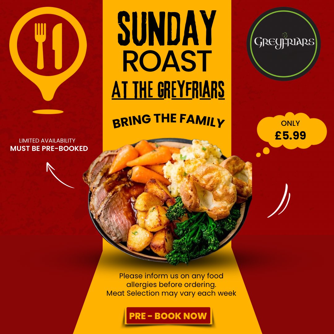 🍽️SUNDAY ROAST 🍽️
🛌 The Day of Rest 
☎️ Pre Bookings Only - Cannot Book On The Day 
📞 Call or Message 07974259471
📆 Every Sunday In January 
💸 Roast Dinners Only £5.99
🍗 Great Value, Better Taste
🔋Recharge For The Week Ahead
