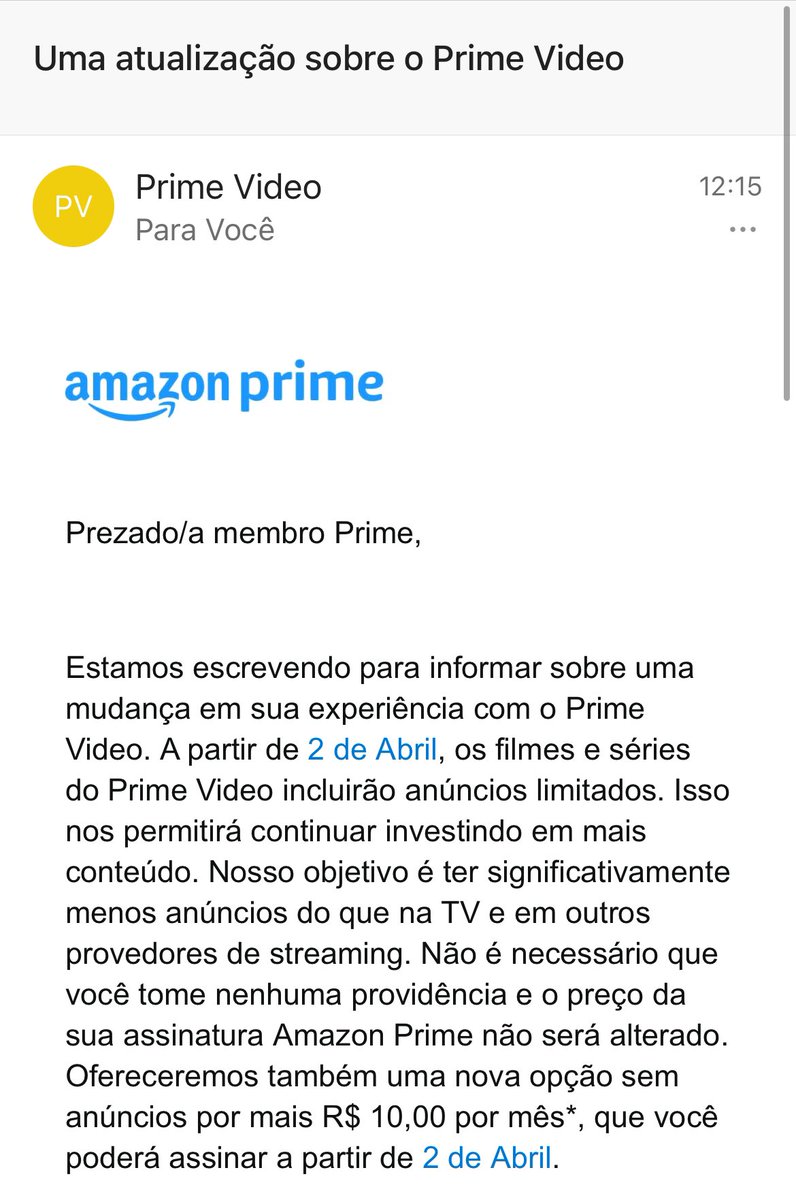 Primeiro Netflix/Disney, agora Prime Video com anúncios 🤦🏻‍♂️

Se for pra ver anúncio, mais fácil baixar pirata. A vantagem do streaming era a comodidade (que começou a decair quando criaram vários). Sem isso, não tem motivos pra assinar.

Esse é o começo do declínio dos streamings!
