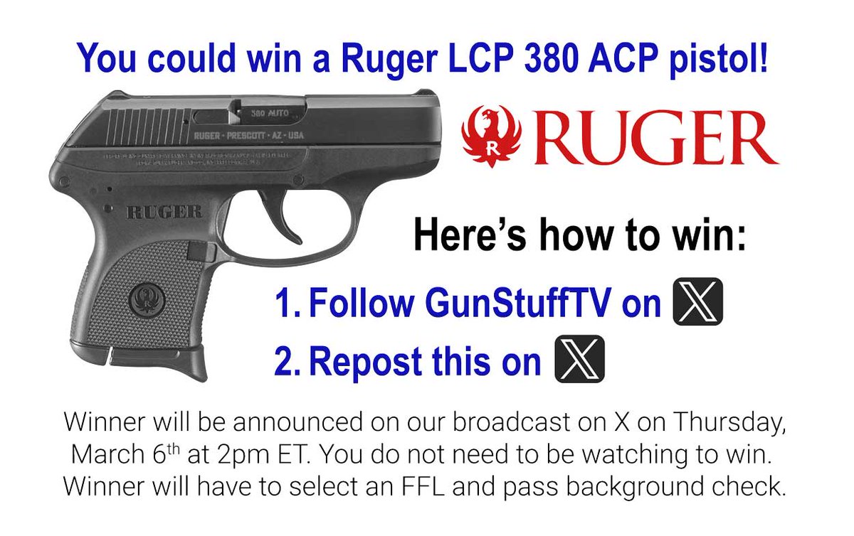 GunStuffTV's tweet photo. Only 9 days until we give away a Ruger LCP to a follower here on X. One of the world's most popular concealed carry. If you follow @GunStuffTV and share this post you are entered to win. https://t.co/vA0h44DXbU