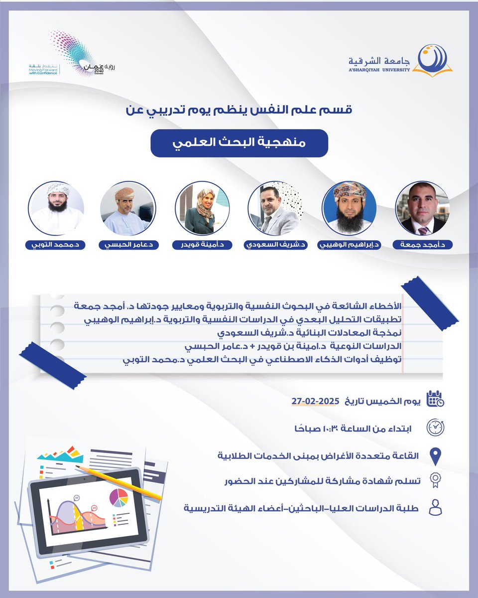 قسم علم النفس ب #جامعة_الشرقية ينظم يوم تدريبي عن: 
"منهجية البحث العلمي"

التفاصيل في المنشور.✨ 

#StudyAtASU