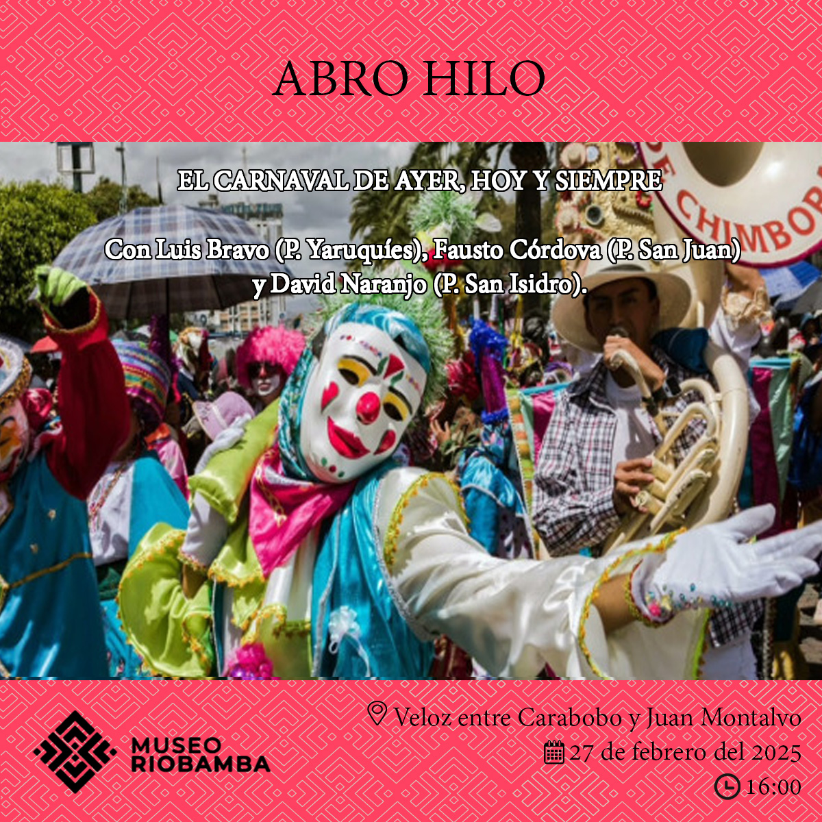 #AbroHilo En esta ocasión, realizaremos un viaje por la memoria de las generaciones anteriores para conversar sobre cómo era el Carnaval en los años románticos y recordar algunas costumbres.
📅 Martes a viernes: 09:00 - 16:30
Sábado, domingo y feriados: 10:00 - 16:00