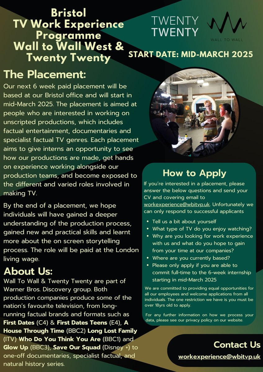 🎬✨ New Opportunity! ✨🎬

Want to break into TV production? Wall to Wall &amp; Twenty Twenty are offering a 6-week PAID work experience placement in our Bristol office starting mid-March 2025!

To apply, send your CV + cover letter to workexperience@wbitvp.uk