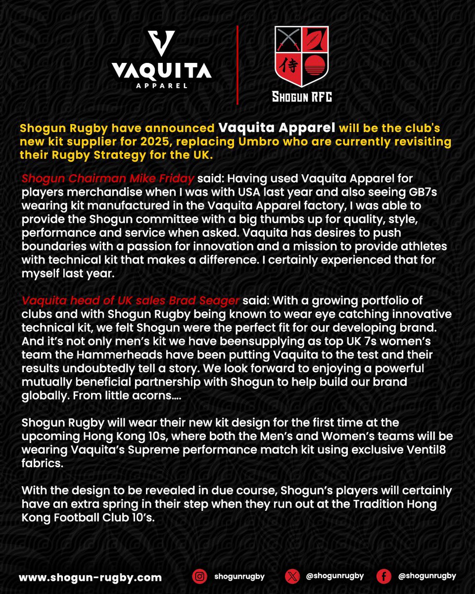 “HOT OFF THE PRESS”
We’re excited to announce that Vaquita Apparel, a new aspirational premium sportswear brand, will be Shogun Rugby’s official kit supplier for 2025. 
Vaquita brings a fresh wave of innovation and high-performance apparel to the Teamwear sector, already trusted