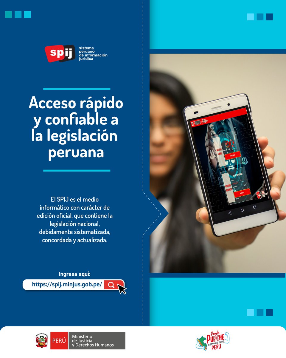 MinjusDH_Peru's tweet photo. 💻📲 ¿Quieres acceder a la legislación de nuestro país? Ingresa al Sistema Peruano de Información Jurídica (#SPIJ) y revisa la normativa nacional sistematizada, concordada y actualizada. 👉 https://t.co/0ceuMLQGyz https://t.co/KhuFupPvhy