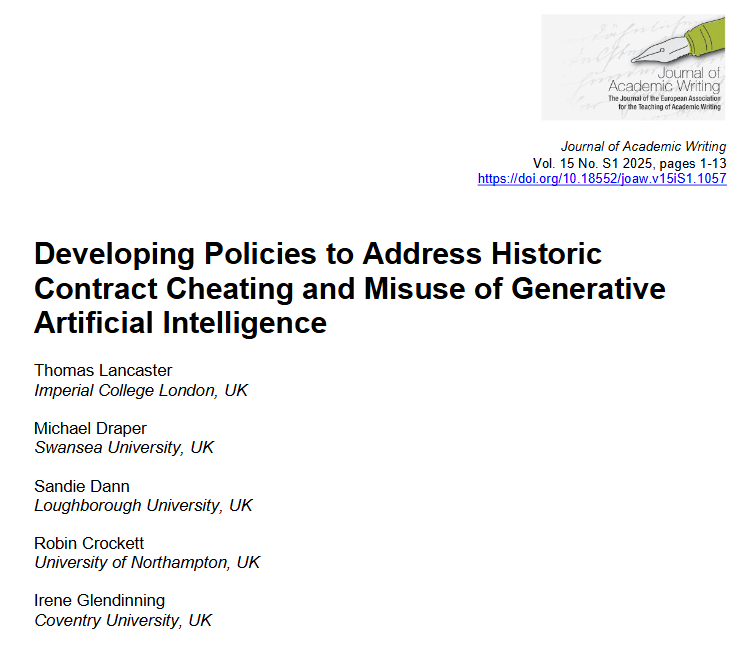 DrLancaster's tweet photo. Read our new paper Developing Policies to Address Historic Contract Cheating and Misuse of Generative Artificial Intelligence https://t.co/5iclVT8sIn https://t.co/RfKYYbvvIY