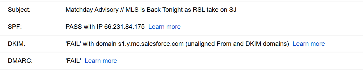 TylerRobAbb's tweet image. Hey @realsaltlake 

I happened to check my spam inbox yesterday and saw that a BUNCH of your emails were landing in there. 

After some digging, it looks like your DMARC and DKIM aren&apos;t correctly aligned.

If you want some free help fixing it, I&apos;m happy to help!