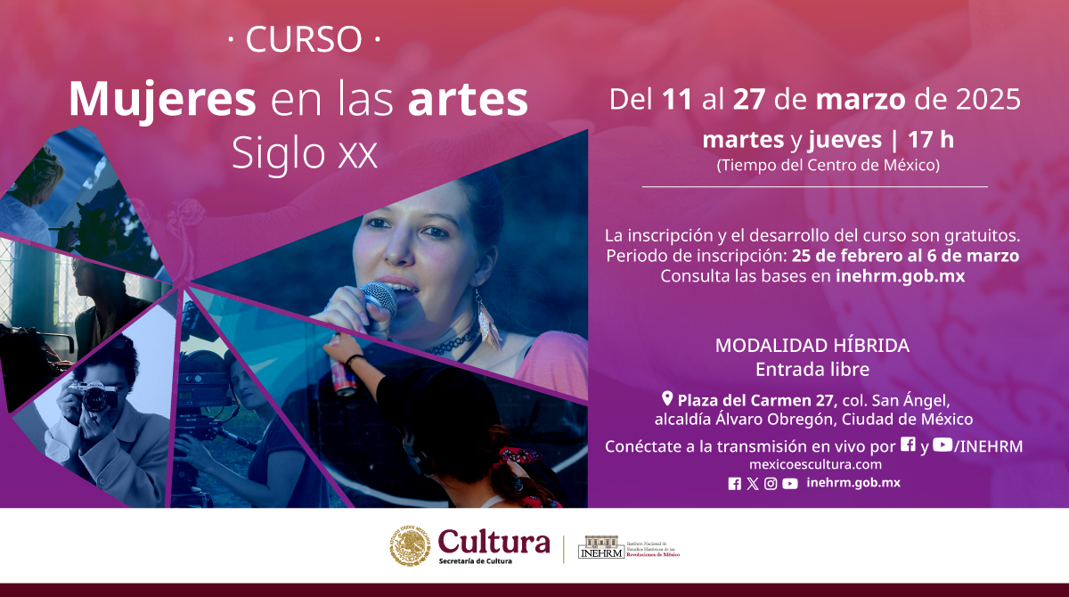 #Entérate

Invitamos al #CursoINEHRM “Mujeres en las artes. Siglo XX” #Inscripciones abiertas de #Hoy 25 de febrero al 6 de marzo: forms.gle/qAM8RChZmvfk7g…

Conoce las bases en inehrm.gob.mx/es/inehrm/Muje…