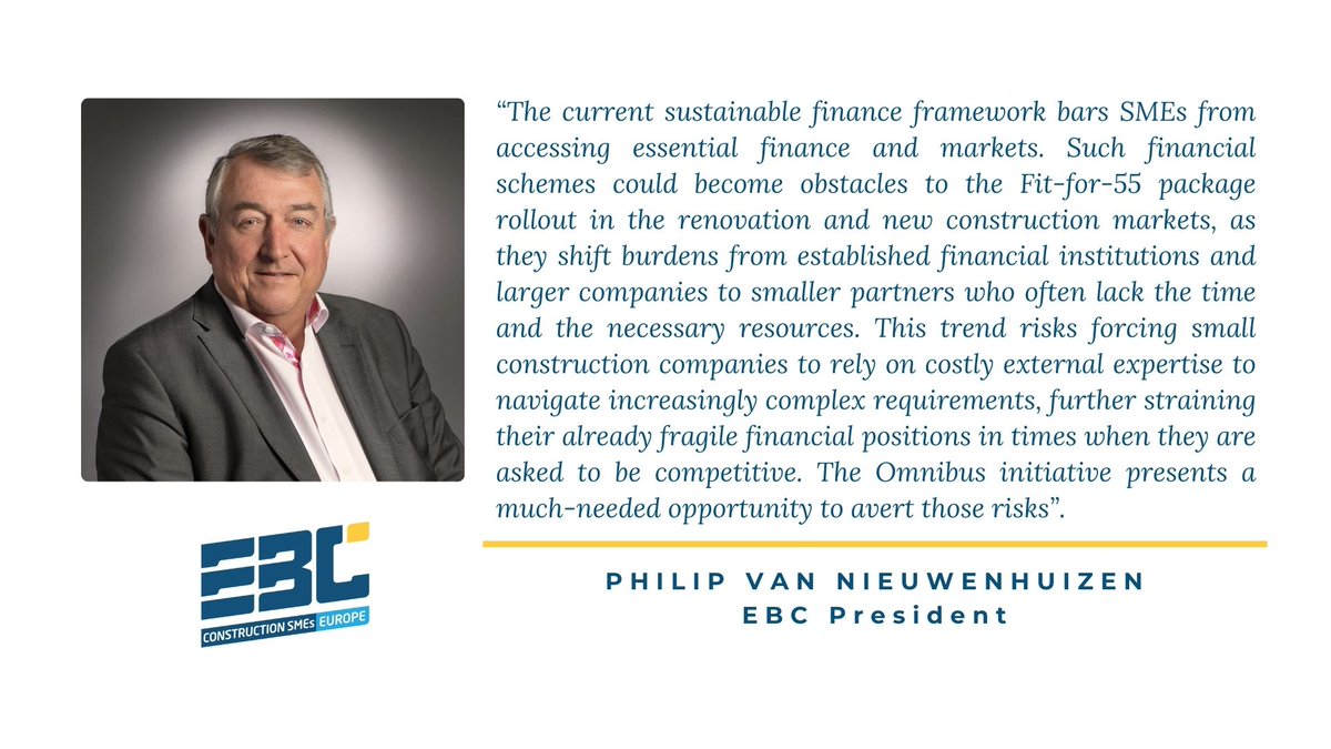 📢 A more #SME- and #construction-friendly sustainability reporting framework: EBC position paper on the Omnibus #Simplification Package. 

To read the EBC position paper: bit.ly/3D7ZBrR 

To read the full press release: bit.ly/4bggs8u

#CSRD #EuTaxonomy #CSDDD