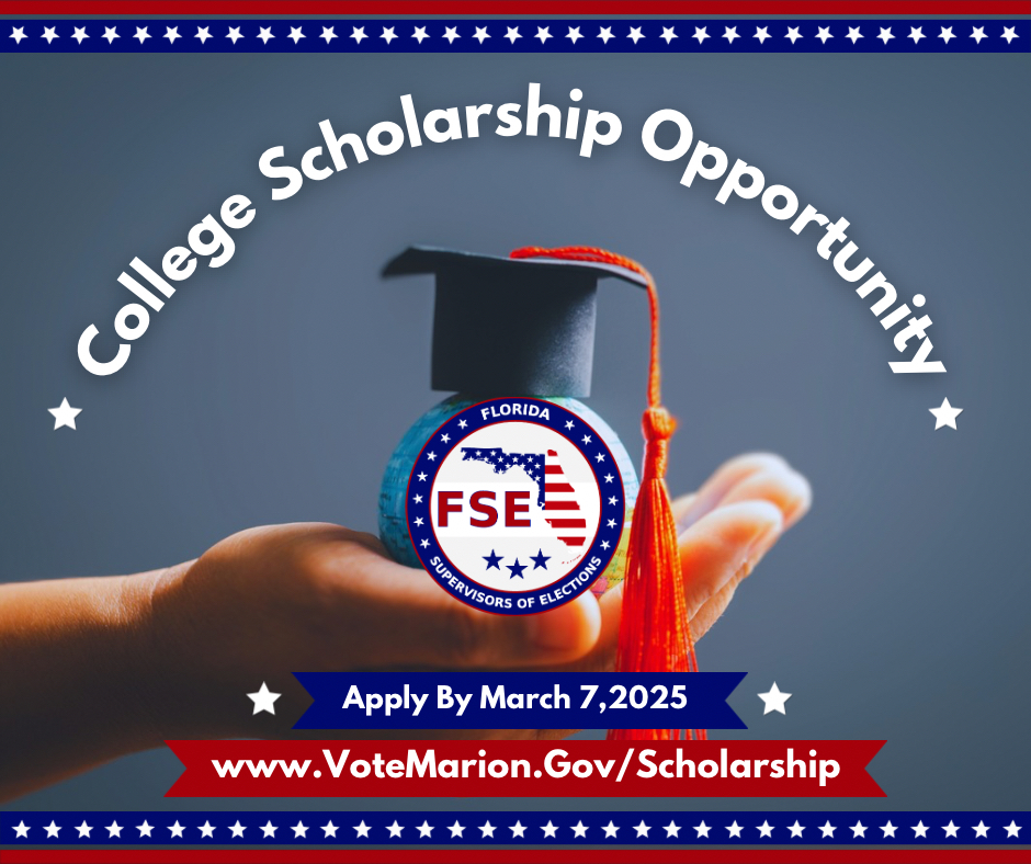 📣Attention College Students!📣 The Florida Supervisors of Elections is proud to offer scholarship opportunities to students. 📚⚖️📰
‼️Deadline March 7, 2025‼️To learn more visit VoteMarion.Gov/Scholarship