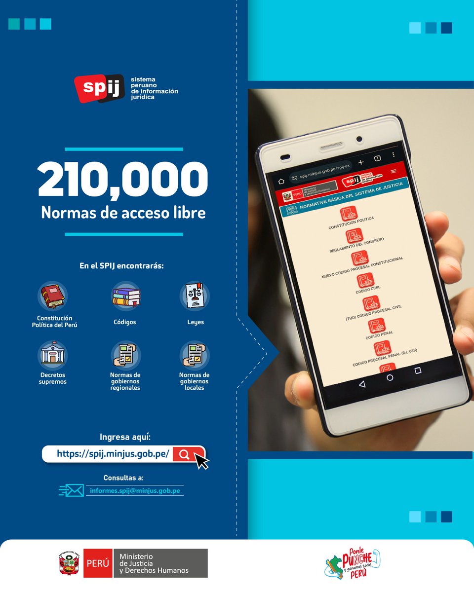 MinjusDH_Peru's tweet photo. 💻📲 ¿Quieres consultar la Constitución Política del Perú actualizada o las últimas modificaciones de nuestra legislación? ¡Usa el #SPIJ!
Conoce otros documentos a los que puedes acceder 👉 https://t.co/0ceuMLQ8J1 https://t.co/3FuR5FtQjW