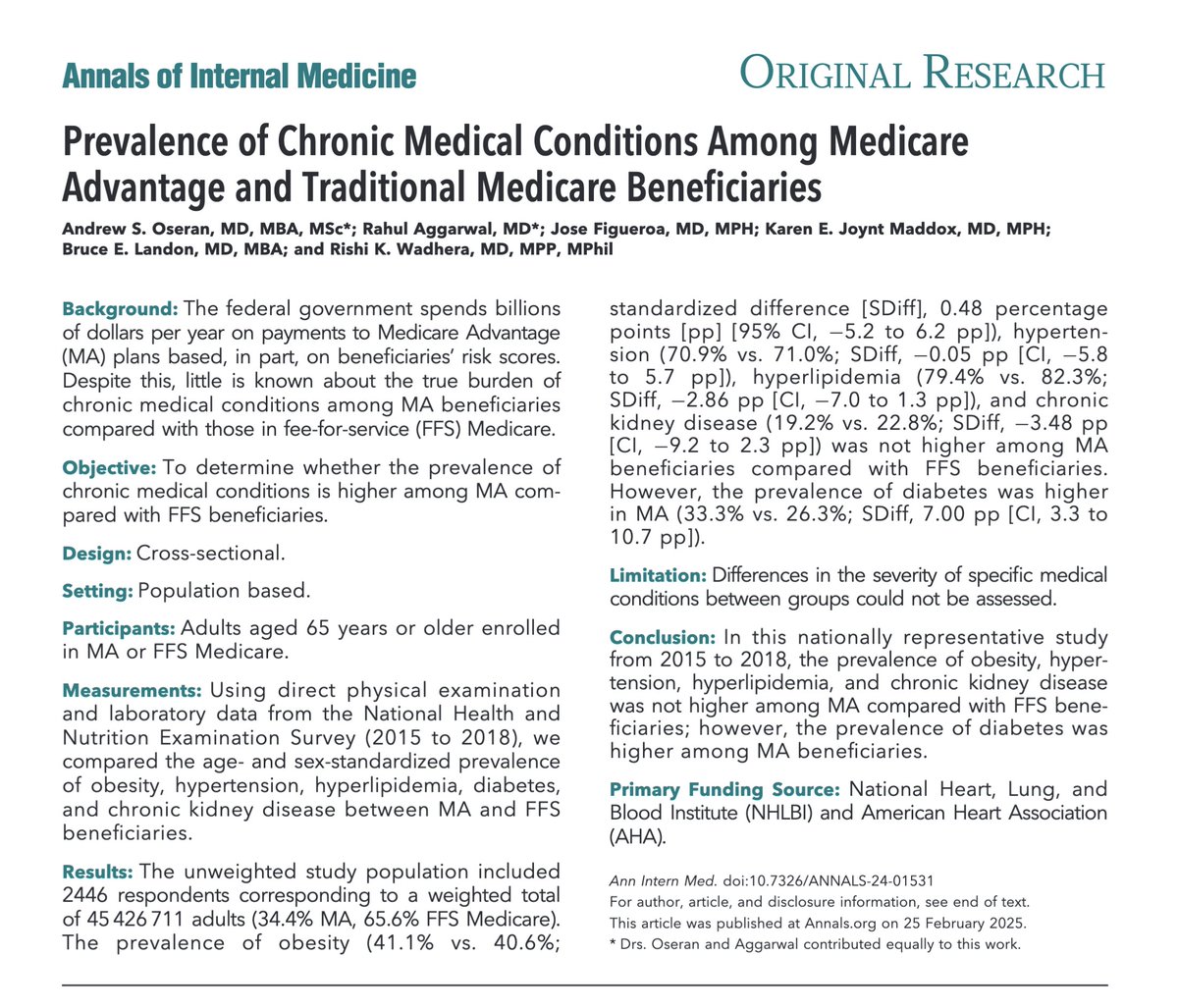 Rishi Wadhera, MD MPP (@rkwadhera) on Twitter photo Medicare Advantage plans have been criticized for risk coding practices, which result in billions of $ in excess payments by the government
Our <a href="/AnnalsofIM/">Annals of Int Med</a> study finds that the burden of chronic medical conditions is largely similar among adults in MA vs traditional Medicare, Medicare Advantage plans have been criticized for risk coding practices, which result in billions of $ in excess payments by the government
Our <a href="/AnnalsofIM/">Annals of Int Med</a> study finds that the burden of chronic medical conditions is largely similar among adults in MA vs traditional Medicare,